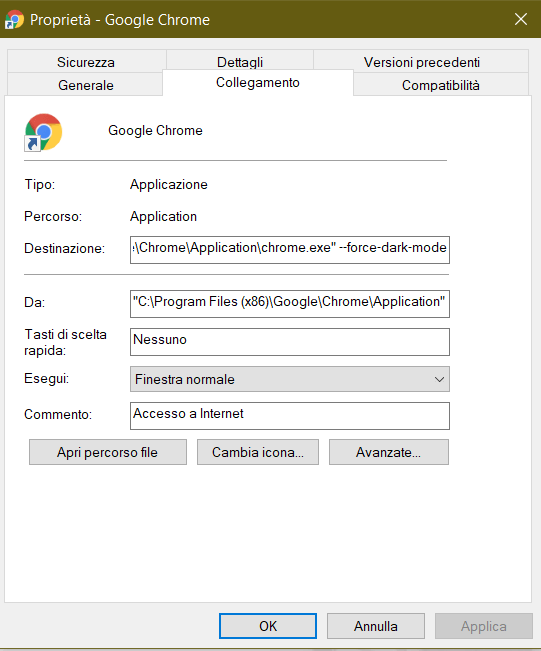 Modifica del collegamento di Chrome