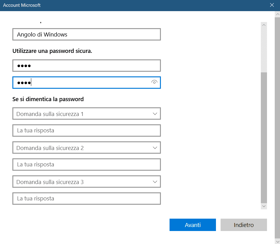 Come rimuovere le domande di sicurezza in Windows 10