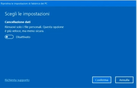 Attivare la voce Cancellazione dati