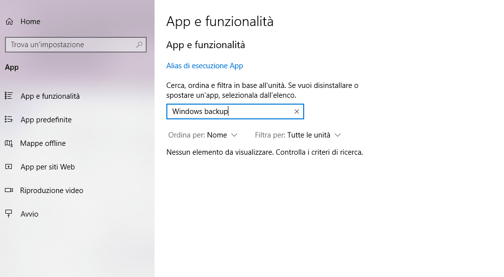 Windows Backup dopo l'aggiornamento non può essere disinstallato