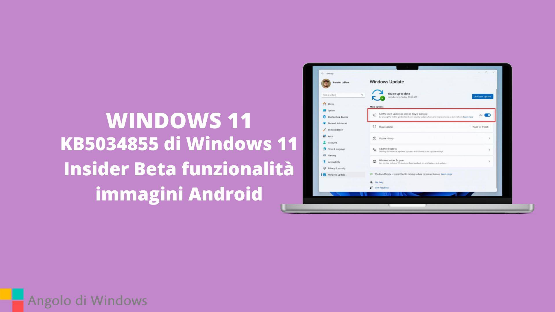 KB5034855 di Windows 11 Insider Beta funzionalità immagini Android