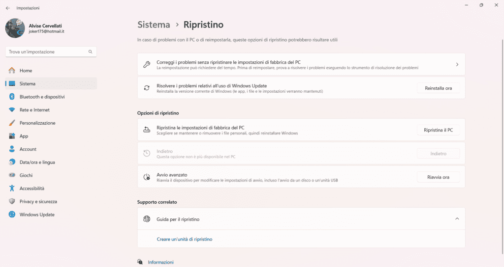 ripristino tramite windows update