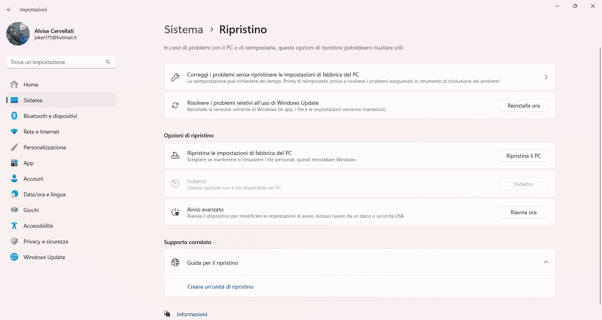 ripristino tramite windows update