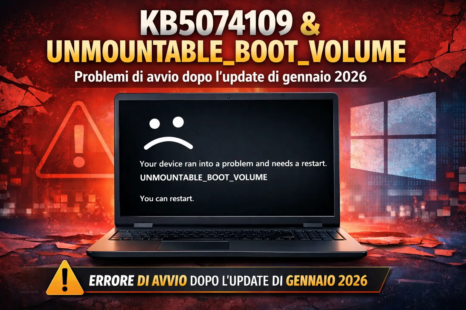 KB5074109 e UNMOUNTABLE_BOOT_VOLUME: problemi di avvio dopo l’update di gennaio 2026