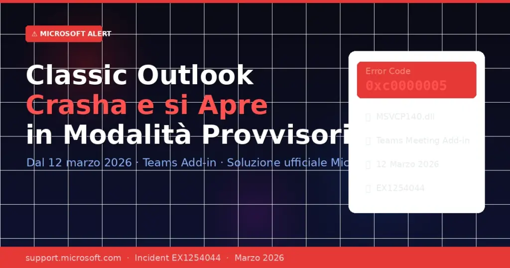Classic Outlook Crasha e si Apre in Modalità Provvisoria dal 12 Marzo 2026