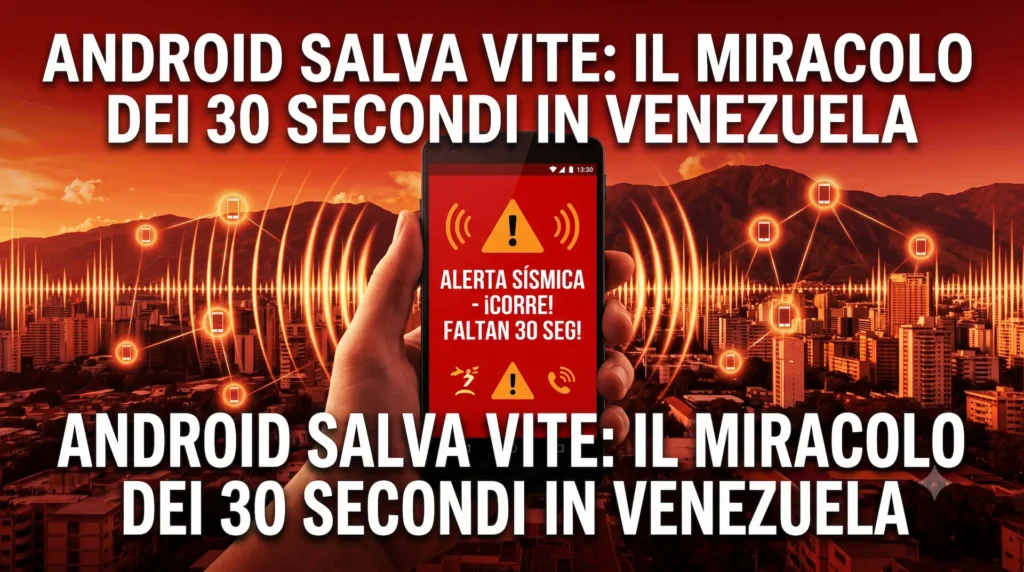 Una mano tiene uno smartphone Android a Caracas, Venezuela. Lo schermo mostra una notifica di emergenza a schermo intero con testo in spagnolo ('¡CORRE! FALTAN 30 SEG!'). Sullo sfondo, il cielo è rosso urgenza e le onde sismiche stilizzate (linee e nodi luminosi) si propagano dalla città, richiamando la rete di crowdsourcing. Include il titolo: 'ANDROID SALVA VITE: IL MIRACOLO DEI 30 SECONDI IN VENEZUELA'.