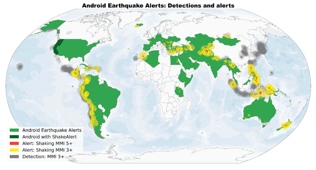 Light green areas show the countries where the Android Earthquake Alerts System is currently detecting and delivering alerts. The areas alerted in individual earthquakes are shown in red where there was strong shaking (Modified Mercalli Intensity (MMI) 5+) and yellow for lighter shaking (MMI 3-4). The gray circles indicate other Android detections in regions where alerts were not issued. Android also delivers alerts generated by ShakeAlert in California, Oregon and Washington (dark green). ---Allerta sismica -- Light green areas show the countries where the Android Earthquake Alerts System is currently detecting and delivering alerts. The areas alerted in individual earthquakes are shown in red where there was strong shaking (Modified Mercalli Intensity (MMI) 5+) and yellow for lighter shaking (MMI 3-4). The gray circles indicate other Android detections in regions where alerts were not issued. Android also delivers alerts generated by ShakeAlert in California, Oregon and Washington (dark green). ---Allerta sismica --