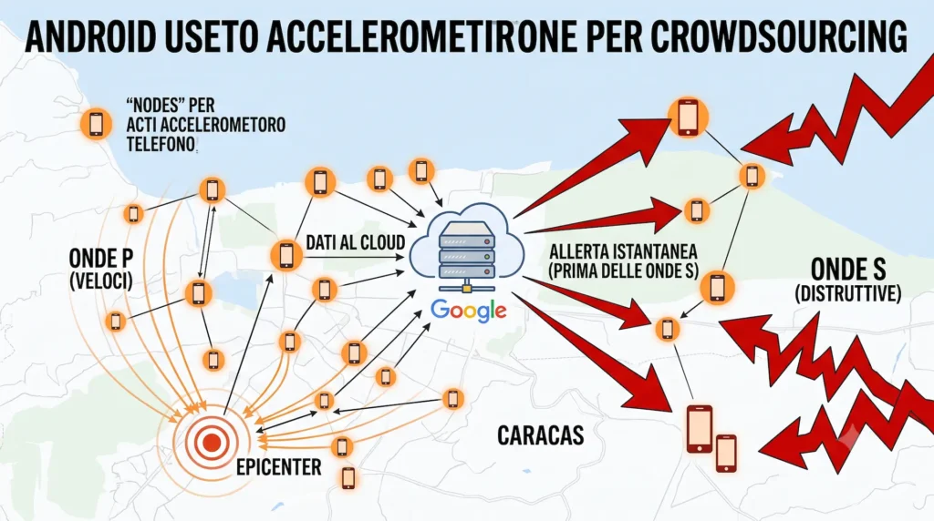 Un diagramma infografico che mostra una mappa di Caracas costellata di icone di smartphone. Le frecce indicano il processo: 1. "ONDE P (VELOCI)" attivano gli accelerometri dei telefoni. 2. "DATI AL CLOUD" (server Google). 3. "ALLERTA ISTANTANEA" inviata prima dell Un diagramma infografico che mostra una mappa di Caracas costellata di icone di smartphone. Le frecce indicano il processo: 1. "ONDE P (VELOCI)" attivano gli accelerometri dei telefoni. 2. "DATI AL CLOUD" (server Google). 3. "ALLERTA ISTANTANEA" inviata prima dell'arrivo delle "ONDE S (DISTRUTTIVE)". ---Allerta sismica --